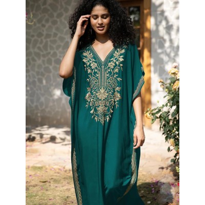 Bohemian floral caftan dress dark green gold embroidery plus size swim coverup