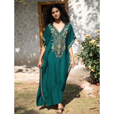 Bohemian floral caftan dress dark green gold embroidery plus size swim coverup