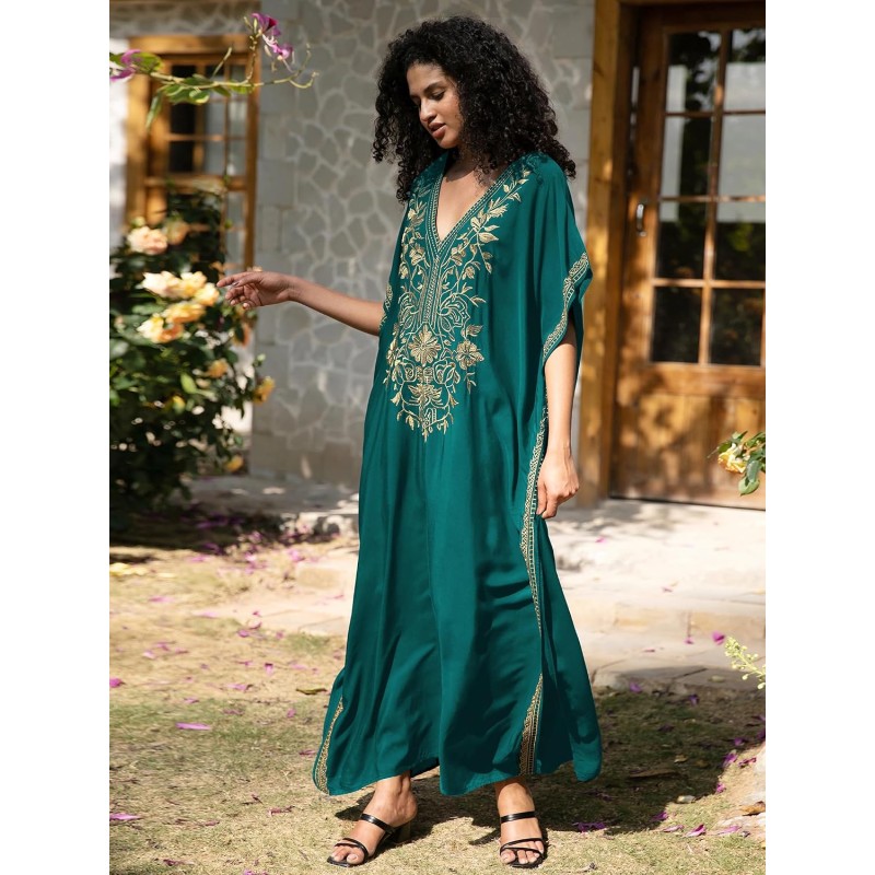 Bohemian floral caftan dress dark green gold embroidery plus size swim coverup