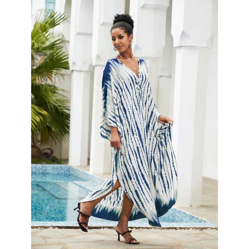 Plus Size Boho Floral Caftan Dress Loose Fit Beach Swim Coverup