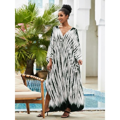 Bohemian rock print plus size caftan dress with v-neck and loose fit for beach coverup