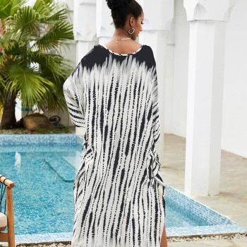 Bohemian Rock Print Plus Size Caftan Dress - V-Neck Loose Fit Beach Coverup