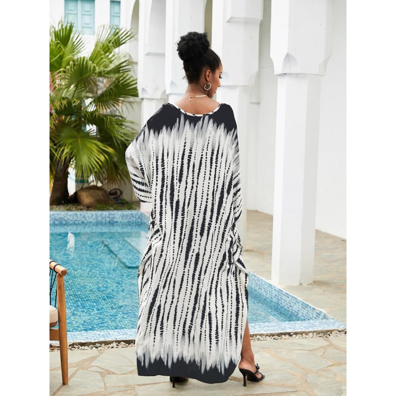 Bohemian rock print plus size caftan dress with v-neck and loose fit for beach coverup