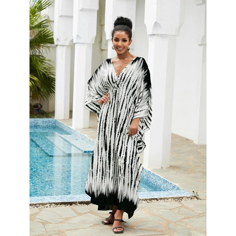Bohemian rock print plus size caftan dress with v-neck and loose fit for beach coverup