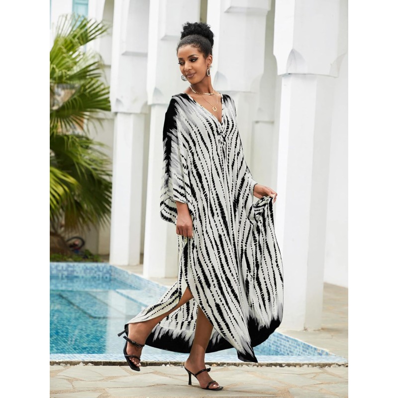 Bohemian rock print plus size caftan dress with v-neck and loose fit for beach coverup