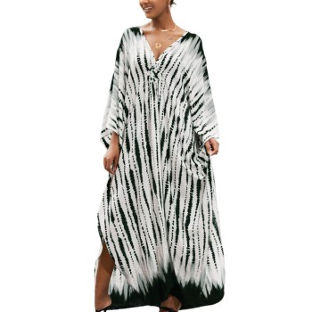 Bohemian Rock Print Plus Size Caftan Dress - V-Neck Loose Fit Beach Coverup