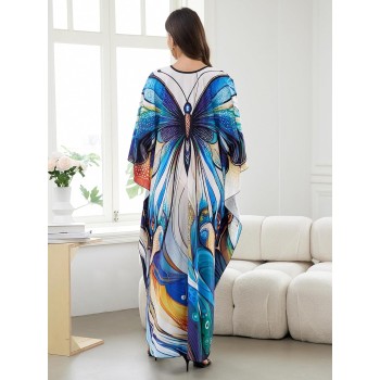 Bohemian Butterfly Print Caftan - Plus Size Beach Coverup Dress