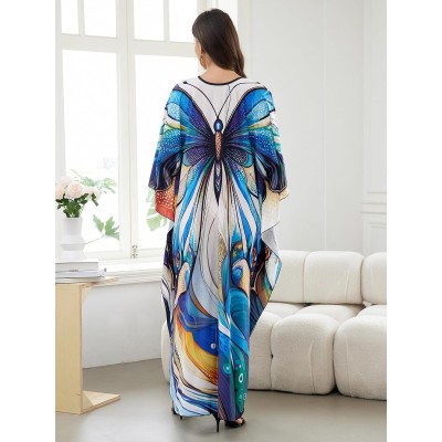 Bohemian butterfly print plus size caftan beach coverup dress in vibrant colors