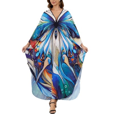 Bohemian butterfly print plus size caftan beach coverup dress in vibrant colors