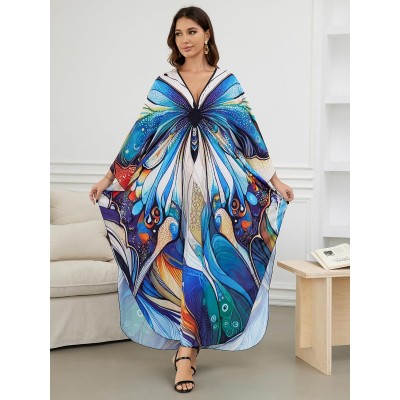 Bohemian butterfly print plus size caftan beach coverup dress in vibrant colors