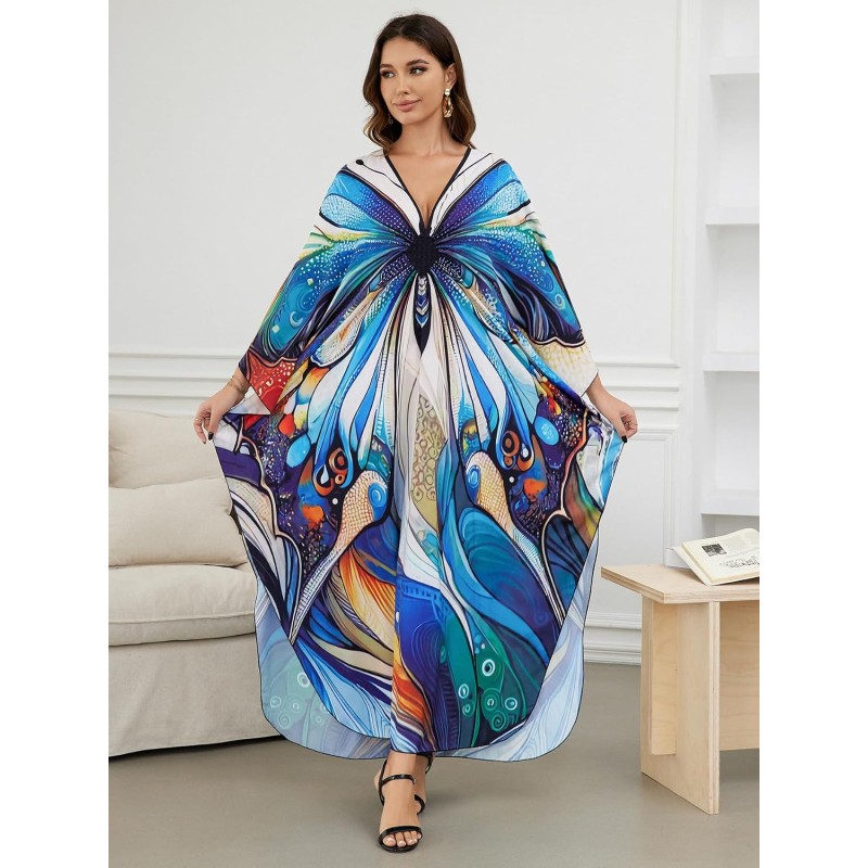 Bohemian butterfly print plus size caftan beach coverup dress in vibrant colors