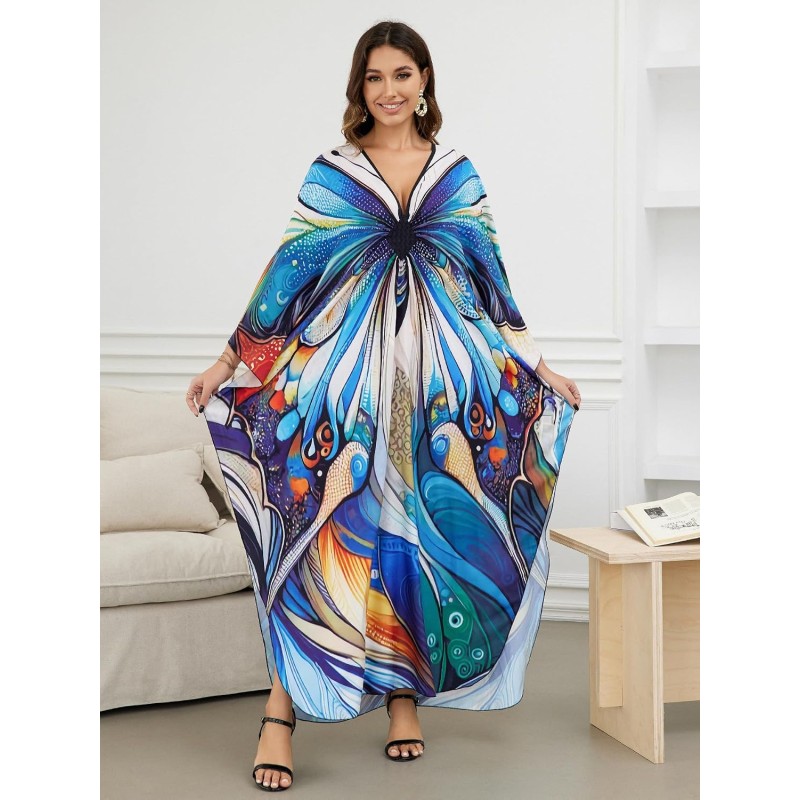Bohemian butterfly print plus size caftan beach coverup dress in vibrant colors