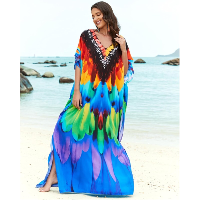 Bohemian Feather Print Kaftan Maxi Dress - Perfect Swim Cover Up & Loungewear Bohemian feather print kaftan maxi dress swim cover up loungewear