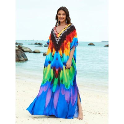 Bohemian Feather Print Kaftan Maxi Dress - Perfect Swim Cover Up & Loungewear Bohemian feather print kaftan maxi dress swim cover up loungewear