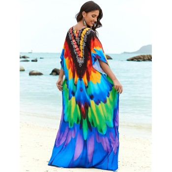 Bohemian Feather Print Kaftan Maxi Dress – Swim Cover Up & Loungewear