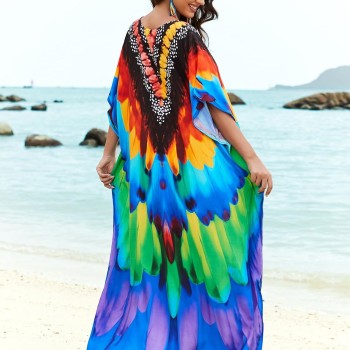 Bohemian Feather Print Kaftan Maxi Dress – Swim Cover Up & Loungewear