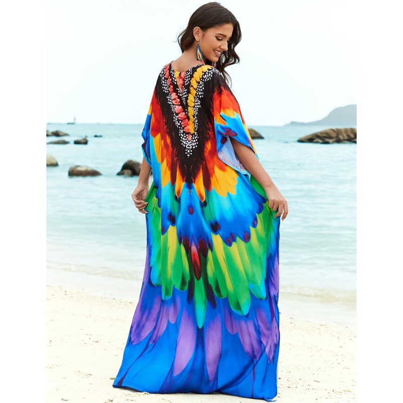 Bohemian Feather Print Kaftan Maxi Dress - Perfect Swim Cover Up & Loungewear Bohemian feather print kaftan maxi dress swim cover up loungewear