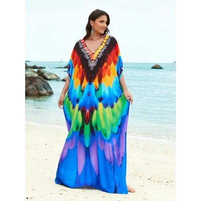 Bohemian Feather Print Kaftan Maxi Dress - Perfect Swim Cover Up & Loungewear Bohemian feather print kaftan maxi dress swim cover up loungewear