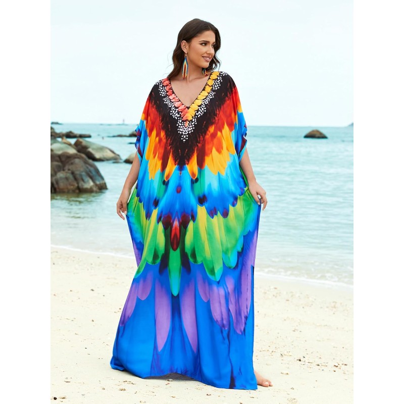 Bohemian Feather Print Kaftan Maxi Dress - Perfect Swim Cover Up & Loungewear Bohemian feather print kaftan maxi dress swim cover up loungewear