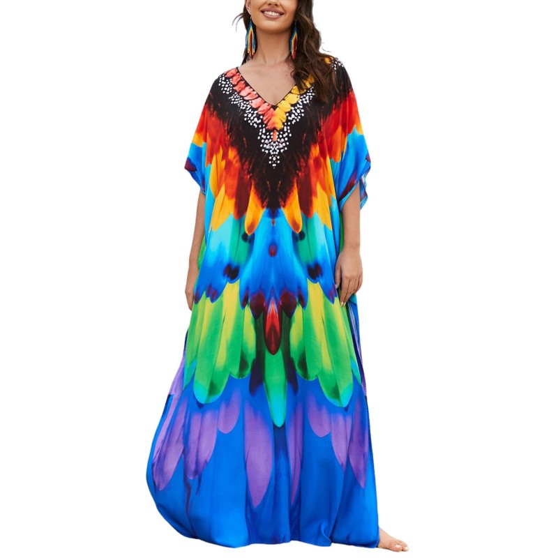 Bohemian Feather Print Kaftan Maxi Dress - Perfect Swim Cover Up & Loungewear Bohemian feather print kaftan maxi dress swim cover up loungewear