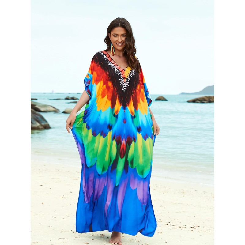 Bohemian Feather Print Kaftan Maxi Dress - Perfect Swim Cover Up & Loungewear Bohemian feather print kaftan maxi dress swim cover up loungewear