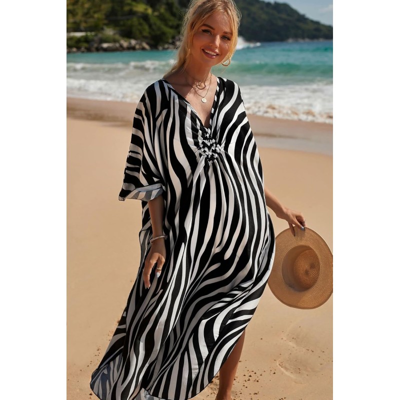Plus size zebra print caftan coverup, bohemian beach dress for women