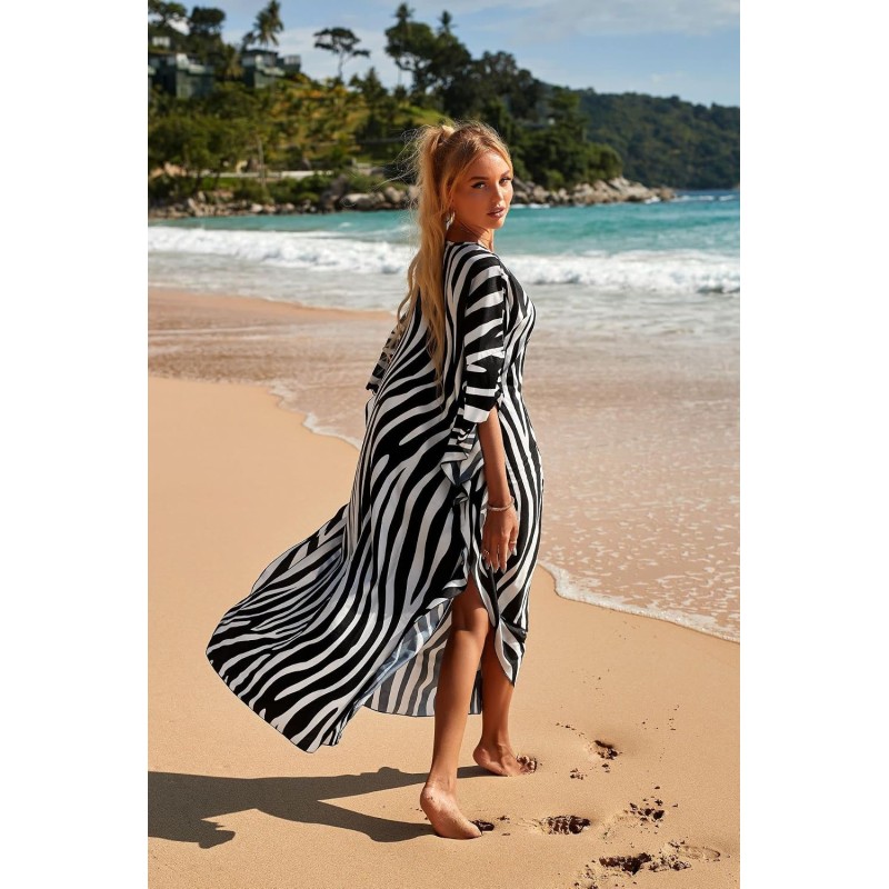 Plus size zebra print caftan coverup, bohemian beach dress for women