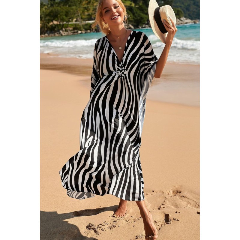Plus size zebra print caftan coverup, bohemian beach dress for women