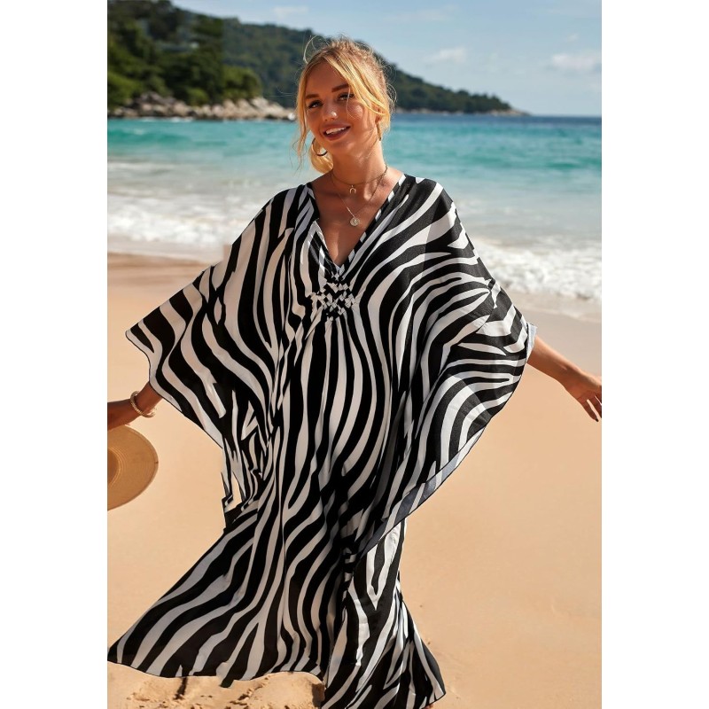 Plus size zebra print caftan coverup, bohemian beach dress for women