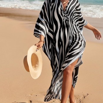 Plus Size Zebra Print Caftan Coverup - Bohemian Beach Dress for Women Plus Size Zebra Print Caftan Coverup - Bohemian Beach Dress for Women