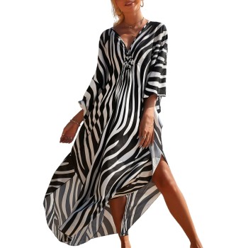 Plus Size Zebra Print Caftan Coverup - Bohemian Beach Dress for Women
