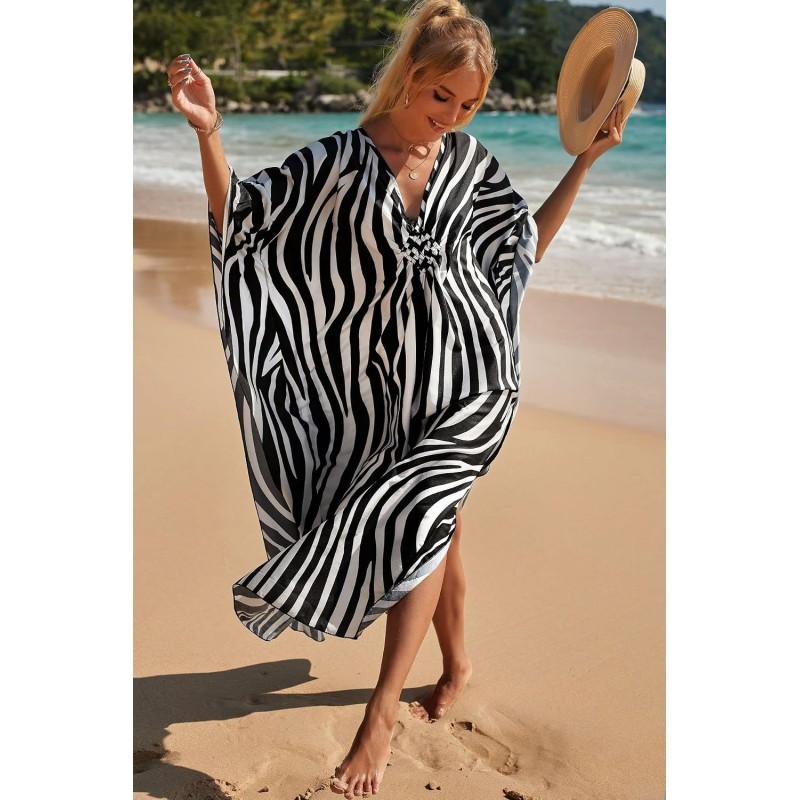 Plus size zebra print caftan coverup, bohemian beach dress for women