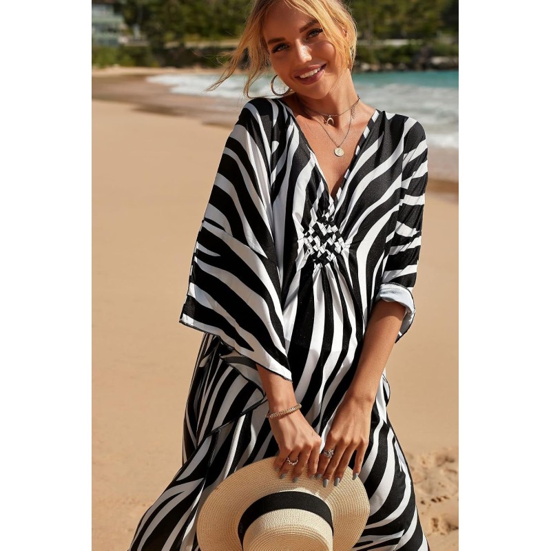 Plus size zebra print caftan coverup, bohemian beach dress for women