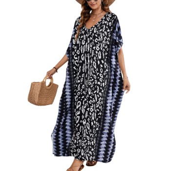 Plus Size Boho Maxi Kaftan Dress - Black Wild Chase - Swimsuit Cover Up
