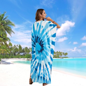 Plus Size Sky Blue Kaftan Coverup One Size Floral Casual Holiday Dress