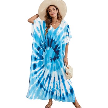 Plus Size Sky Blue Kaftan Coverup One Size Floral Casual Holiday Dress