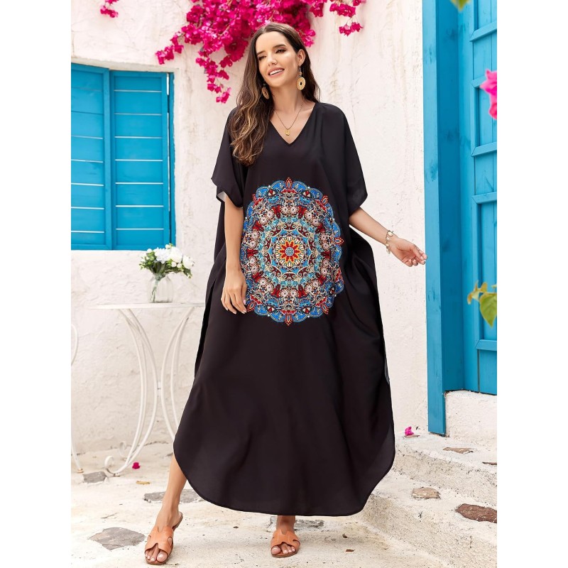 Plus size boho floral kaftan dress in blue as beach cover up