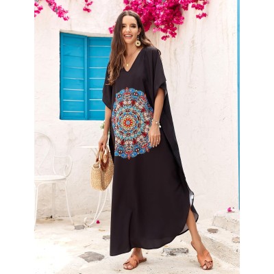 Plus size boho floral kaftan dress in blue as beach cover up