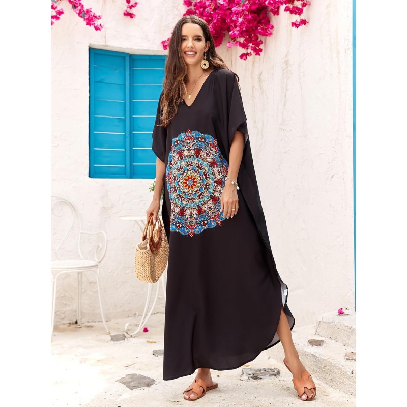 Plus size boho floral kaftan dress in blue as beach cover up