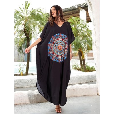 Plus size boho floral kaftan dress in blue as beach cover up