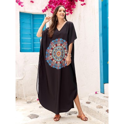 Plus size boho floral kaftan dress in blue as beach cover up