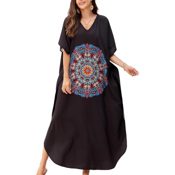 Plus Size Boho Floral Kaftan Dress | Blue Beach Cover Up One Size