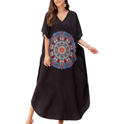 Plus size boho floral kaftan dress in blue as beach cover up