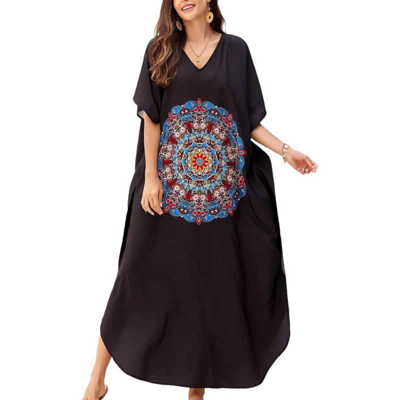 Plus size boho floral kaftan dress in blue as beach cover up