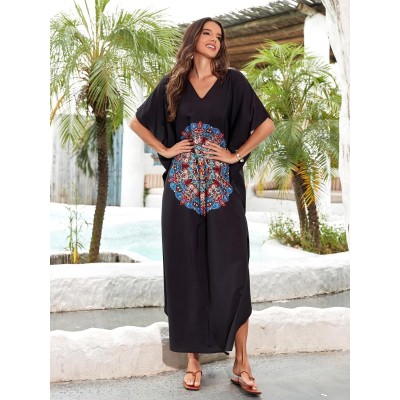 Plus size boho floral kaftan dress in blue as beach cover up
