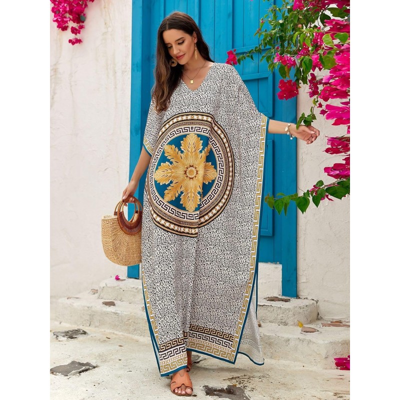 Woman wearing plus size bohemian floral kaftan dress as swim coverup