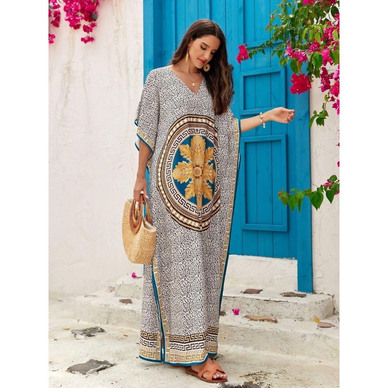 Woman wearing plus size bohemian floral kaftan dress as swim coverup