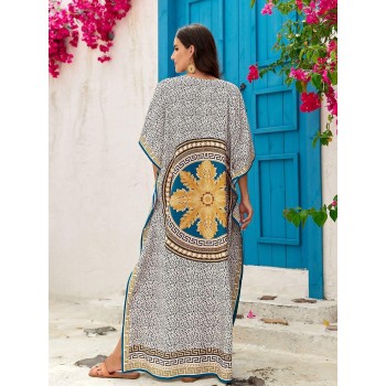 Plus Size Bohemian Floral Kaftan Dress - One Size Swim Coverup