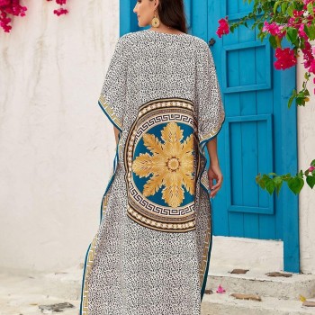 Plus Size Bohemian Floral Kaftan Dress - One Size Swim Coverup