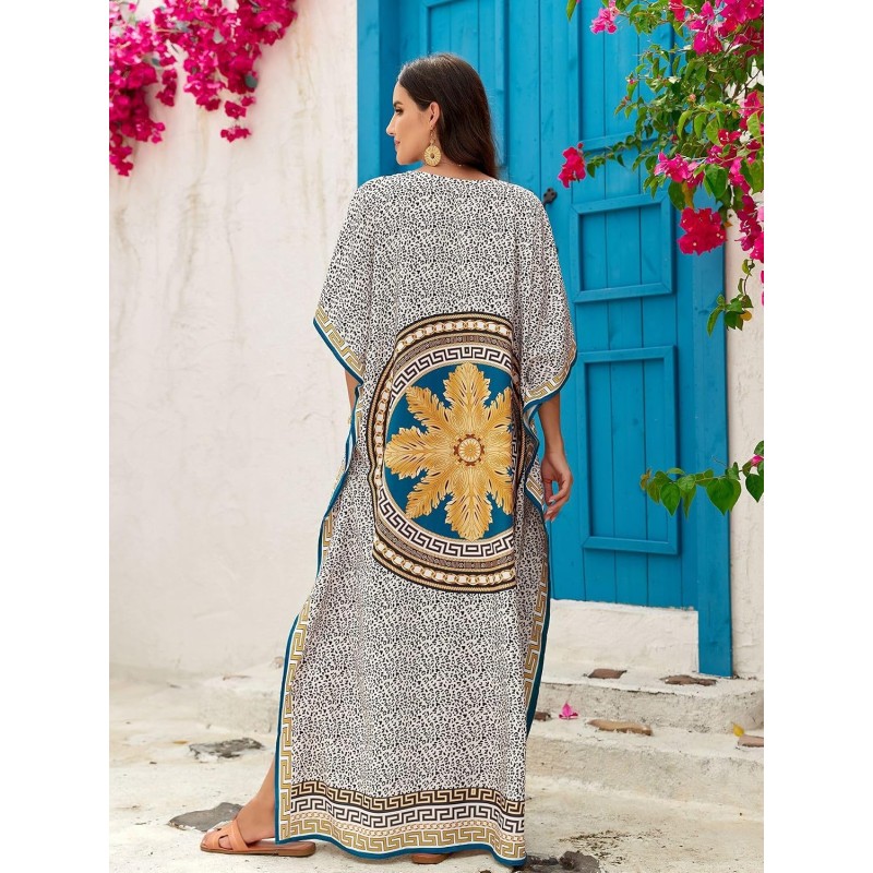 Woman wearing plus size bohemian floral kaftan dress as swim coverup